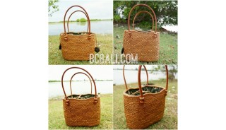 unique ethnic tote bag purse rattan grass handwoven leather handle